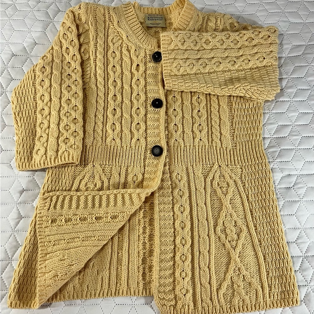 Kilronan Knitwear 100% Pure Merino Wool Cable Knit 3 Button Sweater Size Small